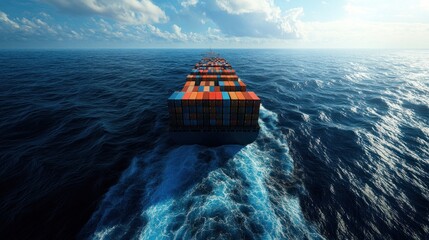 A large cargo ship navigating through the open sea under a bright sky.