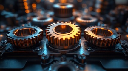Three Metallic Gears with Glowing Edges and Blurred Industrial Background