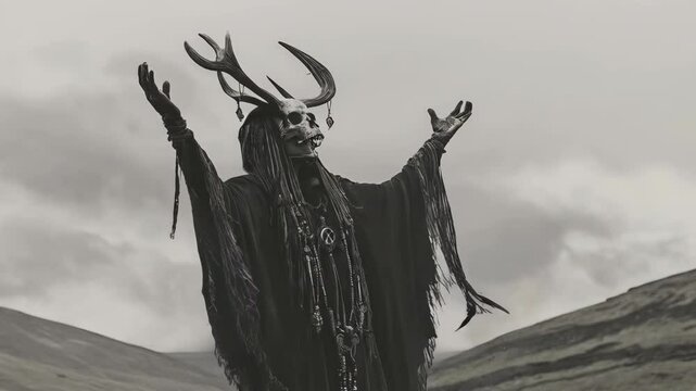 Ancient shaman wearing deer antlers and black cloak performs ritual in mountains. Dark gothic horror scene in monochrome style. Pagan ceremony and mystical concept