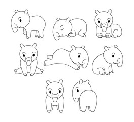 Set of tapir doodle collection, flamingo outline coloring page book animals for kindergarten, Vector line art set of animals wildlife, Hand drawn, Minimal tapir line art doodle in different pose