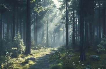 Obraz premium tranquil forest scene with flowing typography for World Introvert Day theme. peace and calm