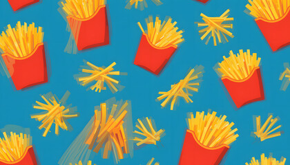 Seamless pattern of French fries with blue background. Spilled over French fries pattern. French fries in red carton packaging