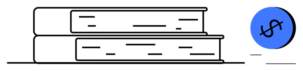 Books stacked horizontally, blue circle with dollar sign on right side. Ideal for education, finance, investment, literacy, knowledge, budget planning learning. Black and white minimalist abstract