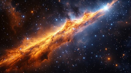 Cosmic radio jet erupts from a luminous source, traversing the vast expanse of deep space.	