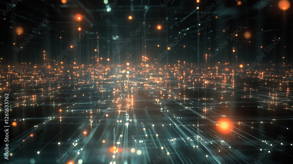 Poster high-tech visual of interconnected nodes emitting light, forming a vast web of digital connectivity 
