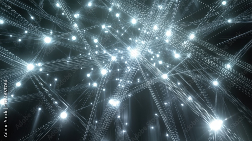 Poster high-tech visual of interconnected nodes emitting light, forming a vast web of digital connectivity 