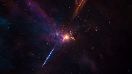 Cosmic radio jet erupts from a luminous source, traversing the vast expanse of deep space.	