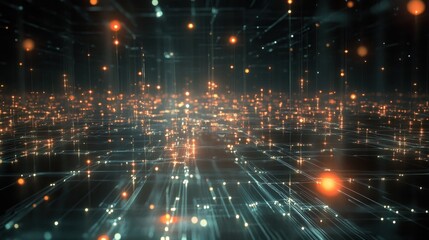 Obraz premium High-tech visual of interconnected nodes emitting light, forming a vast web of digital connectivity and data transfer.
