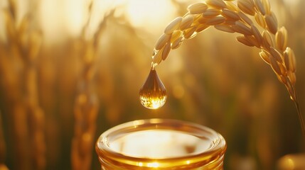 Droplet of golden rice oil falling into glass jar, organic farming