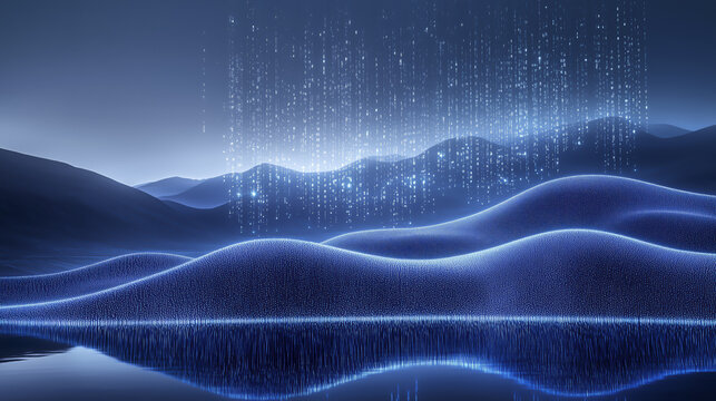 futuristic digital landscape with glowing blue waves and binary code rain creates serene and technological atmosphere