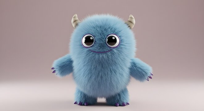 Un lindo monstruo azul esponjoso, personaje 3D inspirado en el anime.