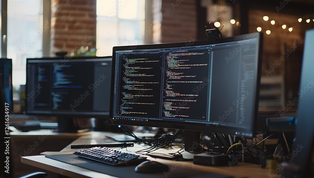 Poster Modern office workspace, coding on computer screens
