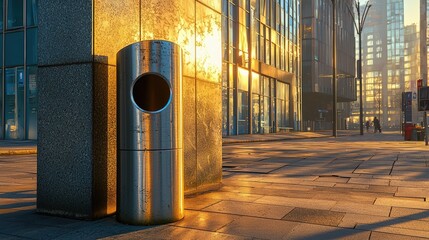 Modern urban scene featuring a sleek trash bin at sunset near glass skyscrapers, with pedestrians