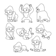 Set of Gorilla doodle collection, flamingo outline coloring page book animals for kindergarten, Vector line art set of animals wildlife, Hand drawn, Minimal Gorilla line art doodle in different pose