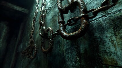 Heavy chains attached to a weathered textured wall in a dark setting