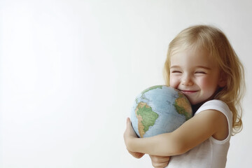 A young child hugging a small globe with a happy and loving expression, isolated on a pure white background