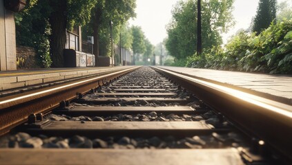 Urban train tracks leading to distant trees on a sunny morning
