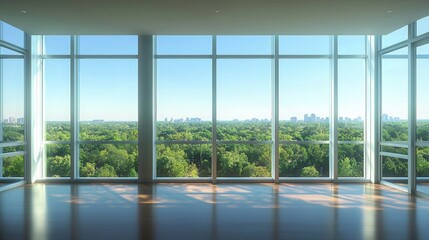 Modern apartment with floor-to-ceiling glass windows overlooking a lush green forest under a calm sky. The empty interior allows ample space for text or design.