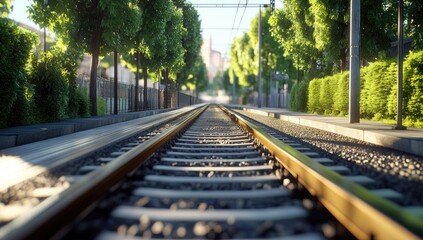 Fototapeta premium Sunny urban train tracks perspective through green trees