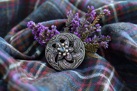 scottish heritage celebrations, shiny silver brooches, heather accents, proudly celebrating national tartan day with swirling fabric pride