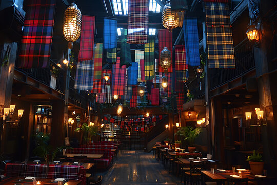 scottish celebration, the ceiling adorned with tartan streamers, bagpipes filling the room with melody, and a lively celebration of scottish pride