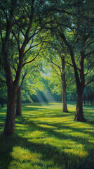 Naklejka premium Sunlit Serenity: The Dance of Light and Shadow in a Tranquil Meadow