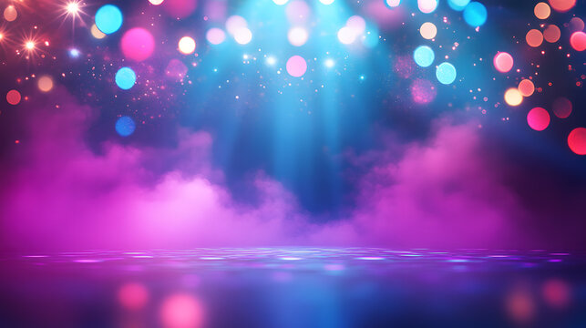 Abstract Neon Background Pink and Blue Glowing Lights with Smoke and Bokeh