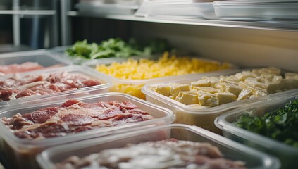 Obraz premium Prepared food storage containers in fridge, organized food, variety of ingredients