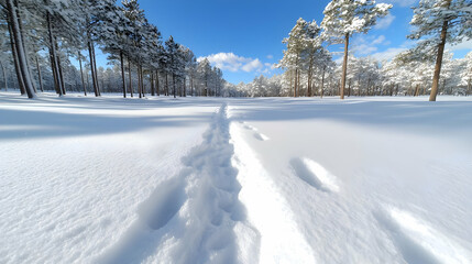 Snow-covered path in pine forest, winter sunlight