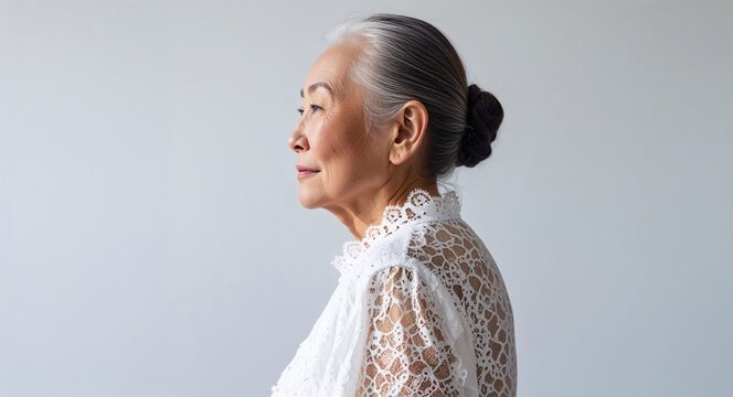 Asian elderly woman white lace blouse side view portrait on plain white background