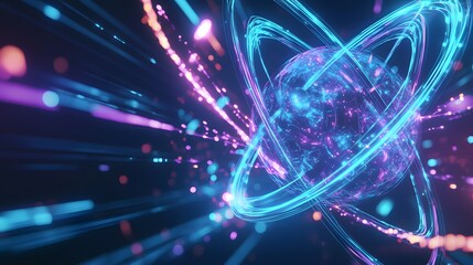 Glowing orb encircled by luminous rings amidst light streaks