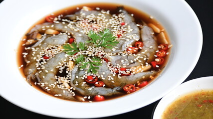 shrimp in soy sauce on white plate, korean style menu