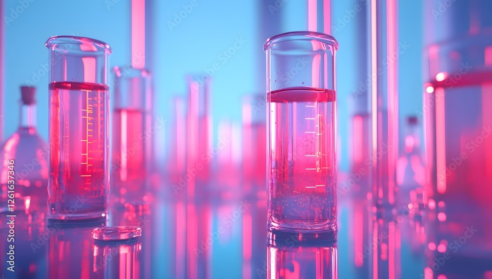 Poster neon lab glassware filled with liquid in a reflective setting