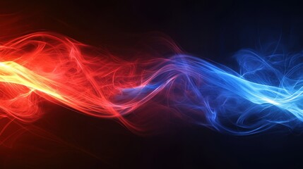 Fototapeta premium Red and blue laser beams flash across a concert stage, their glow intensified by thick swirling smoke.