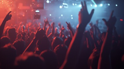 Obraz premium Red and blue laser beams streak across a hazy stage, producing a stunning nightclub and concert effect.