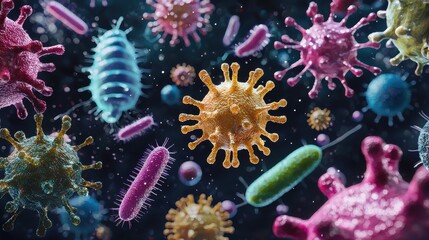 Obraz premium Microscopic view of diverse group of bacteria in a laboratory setting on a glass slide