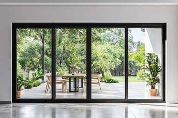 Modern patio view through black sliding glass doors