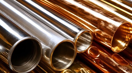 Naklejka premium Gleaming metallic pipes reflect warm light showcasing vibrant copper and steel hues. AI Generated