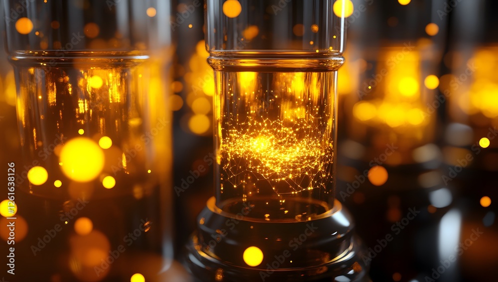 Poster golden glowing structures, lab glassware, bokeh, abstract background
