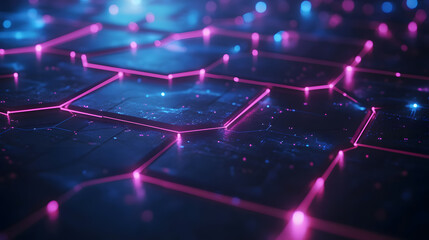 Abstract Futuristic Technology Background Hexagonal Network with Glowing Pink and Blue Lines