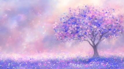 Ethereal Tree of Dreams Landscape with Lavender Fields and Whispers of Pink and Violet Hues Artwork