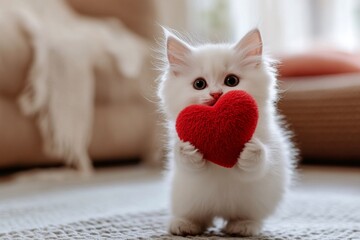 Cute turkish angora baby cat cub with critter toy red heart at cozy quarters. Promotion animal concept visual design. Turkish angora - my cherished cat, symbol of care. Romantic kitten scene.