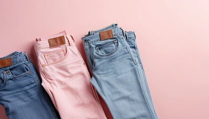 jeans folded and laid out on a bright pink background