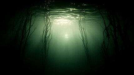 Obraz premium Ethereal Underwater Forest Sunlit Scene with Abstract Oceanic Flora and Refracted Light Patterns