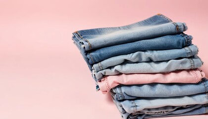 jeans folded and laid out on a bright pink background