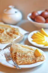 Traditional English pancakes served with lemon and sugar for Shrove Tuesday/Pancake Day