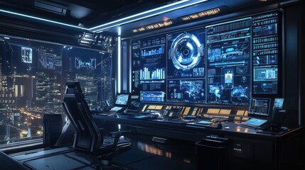 Obraz premium Futuristic control room with advanced screens and city view at night.