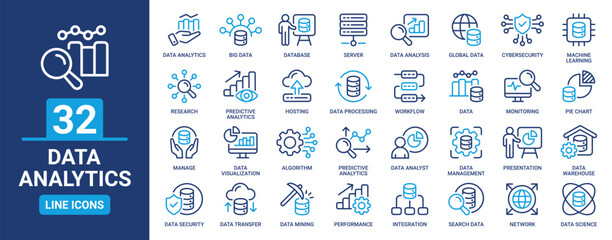 Data analytics icon set. Containing data analysis, data mining, global data, monitoring, data processing, big data, data visualization and more. Outline vector icons collection.