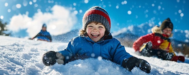 Young boy laughs as he lays in the snow on a sunny winter day, enjoying time with his family