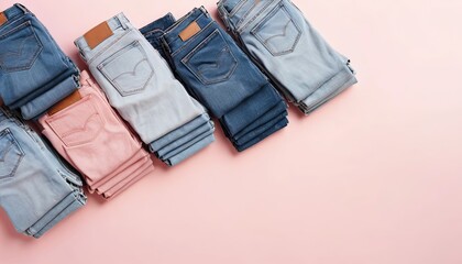 jeans folded and laid out on a bright pink background